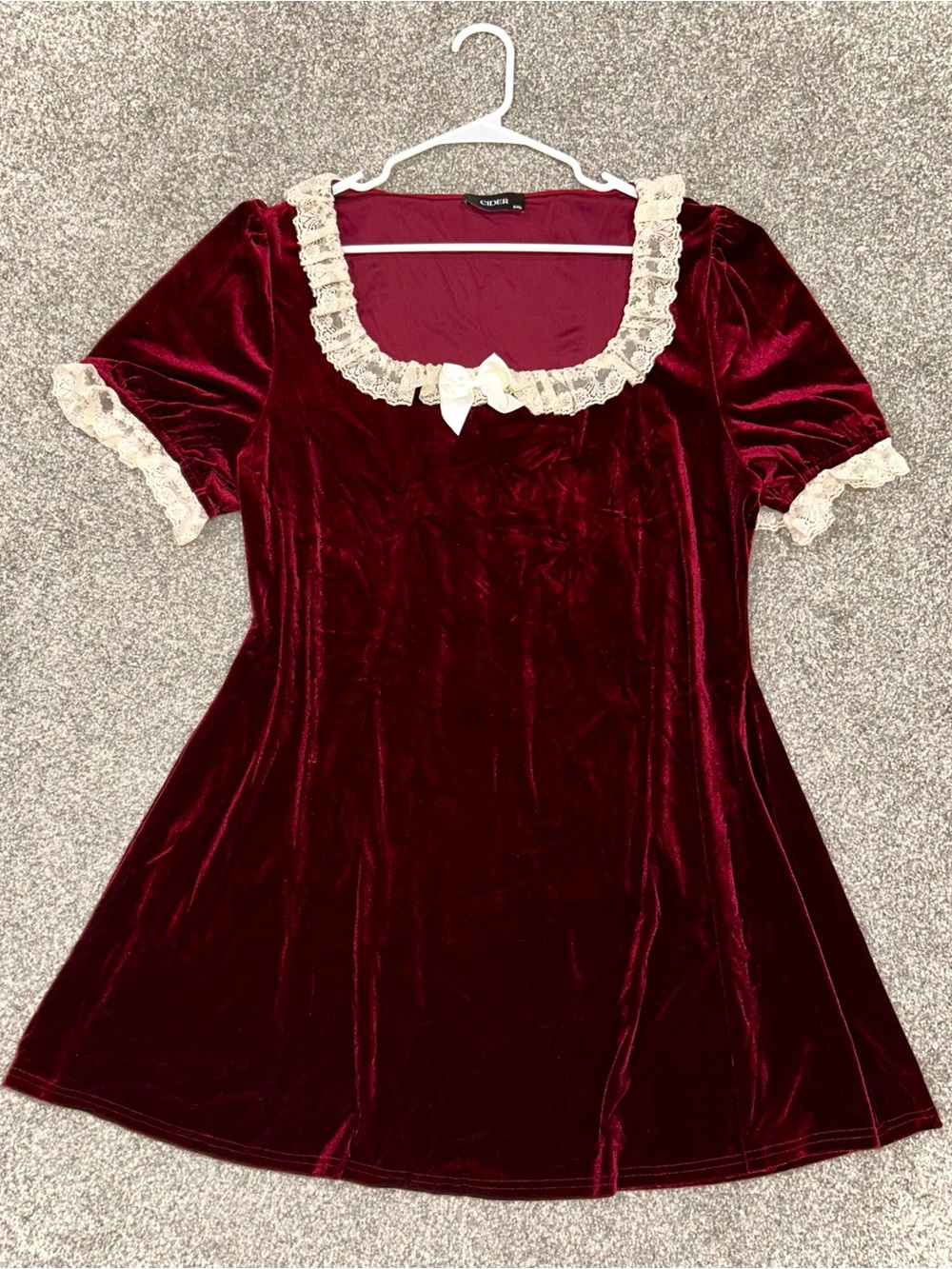 Burgundy Wine Velvet Mini Dress w Square Neck Lace Trim Sz 2X / 2XL
